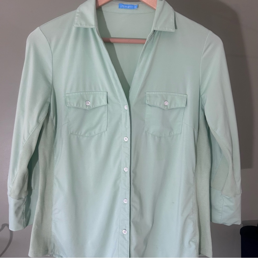 J McLaughlin Shirt Womens Medium Light Green Button Front 3/4 Sleeve
Blouse Top